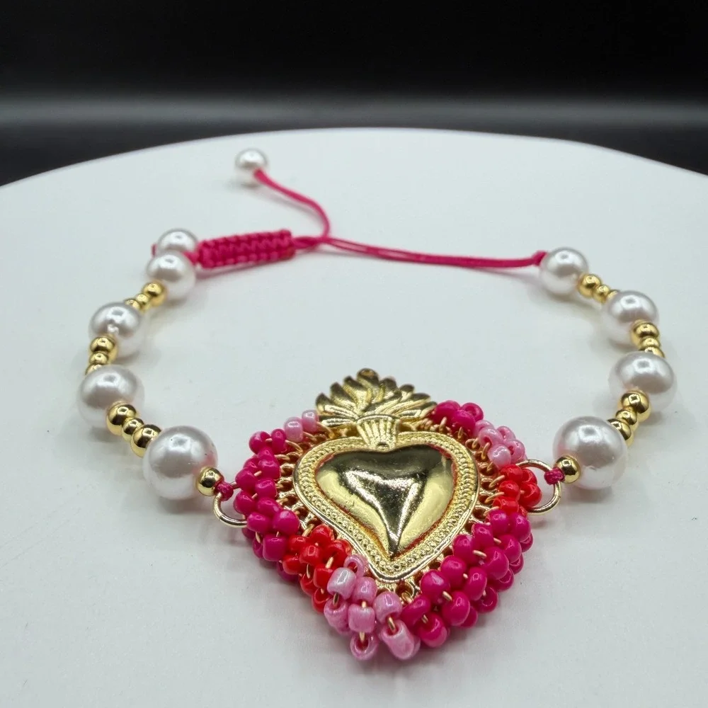 Sacred Heart Bracelet Pink Beaded Pearl Adjustable Gold Tone Valentine Boho